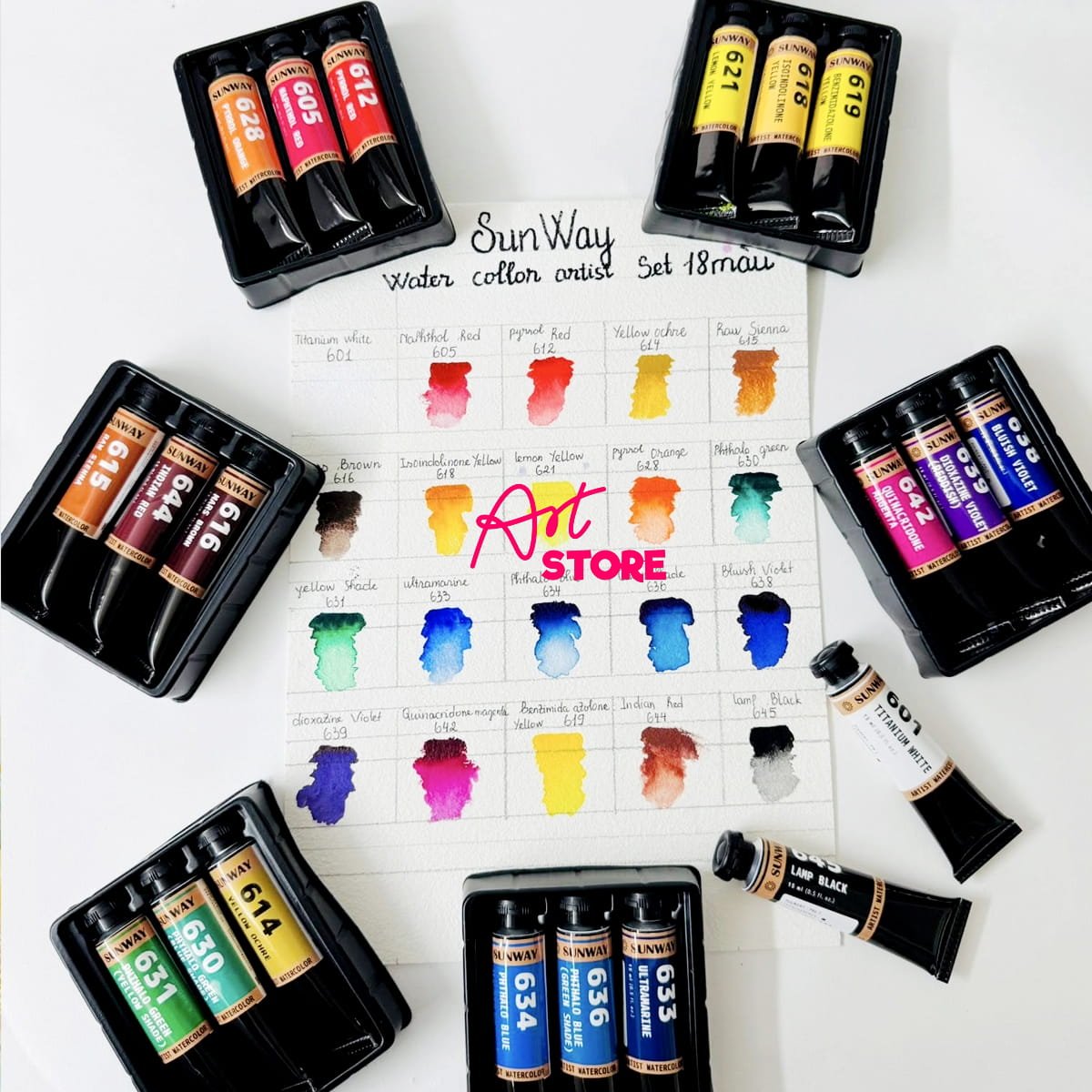 Bộ 18 Màu Nước Sunway Làm Từ Bột Khoáng Sản Tự Nhiên Cao Cấp Dòng Họa Sĩ Dạng Tuýp 15ml