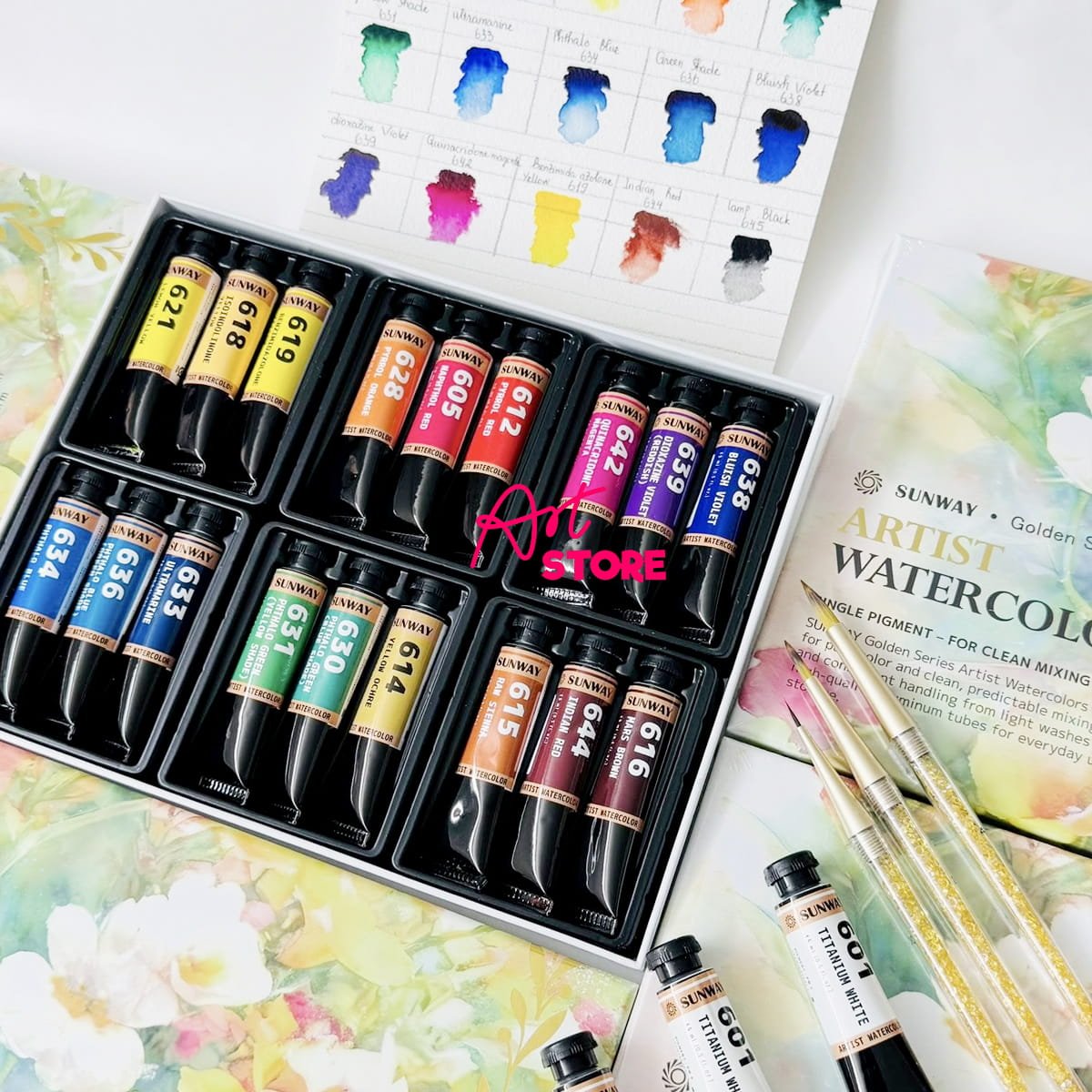 Bộ 18 Màu Nước Sunway Làm Từ Bột Khoáng Sản Tự Nhiên Cao Cấp Dòng Họa Sĩ Dạng Tuýp 15ml