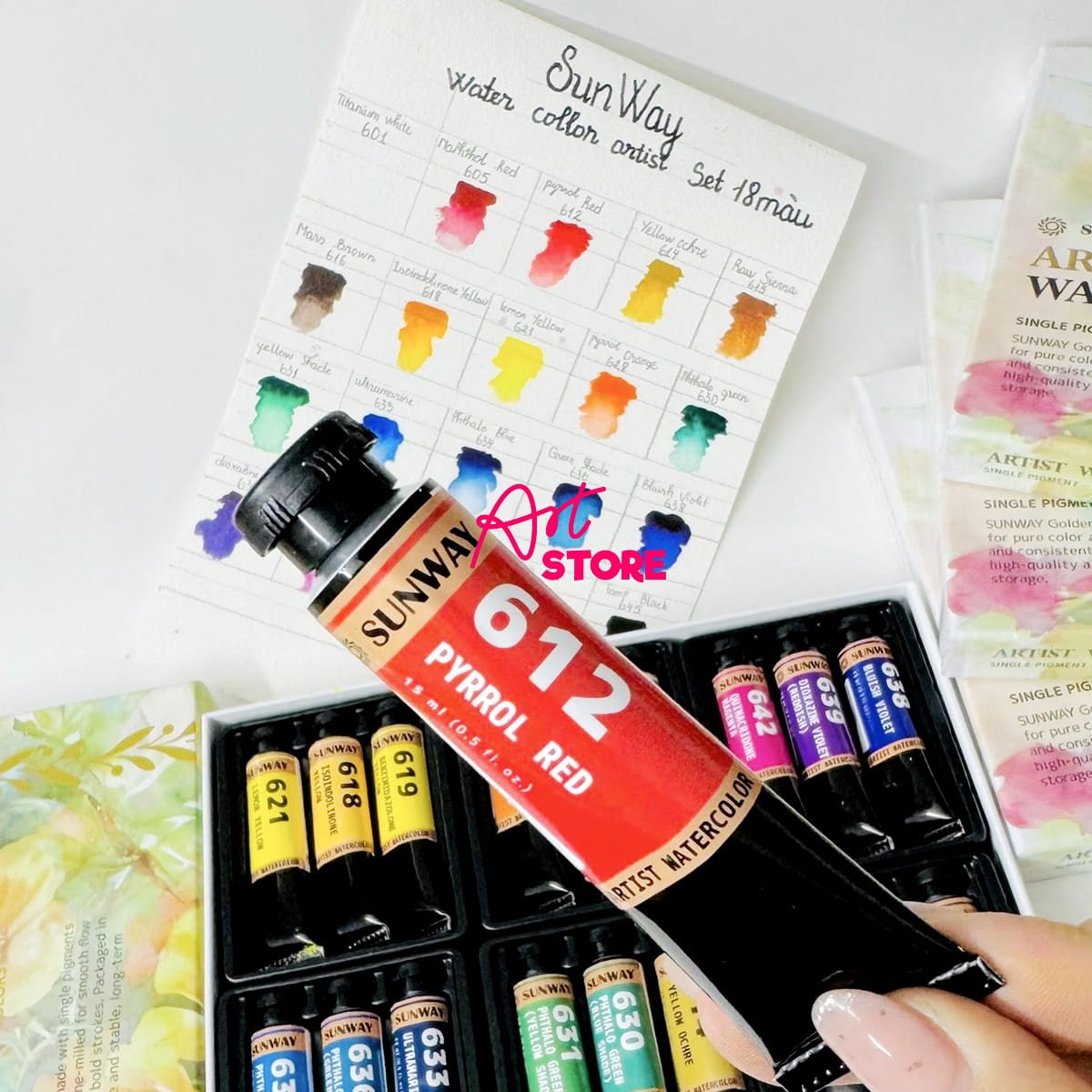 Bộ 18 Màu Nước Sunway Làm Từ Bột Khoáng Sản Tự Nhiên Cao Cấp Dòng Họa Sĩ Dạng Tuýp 15ml